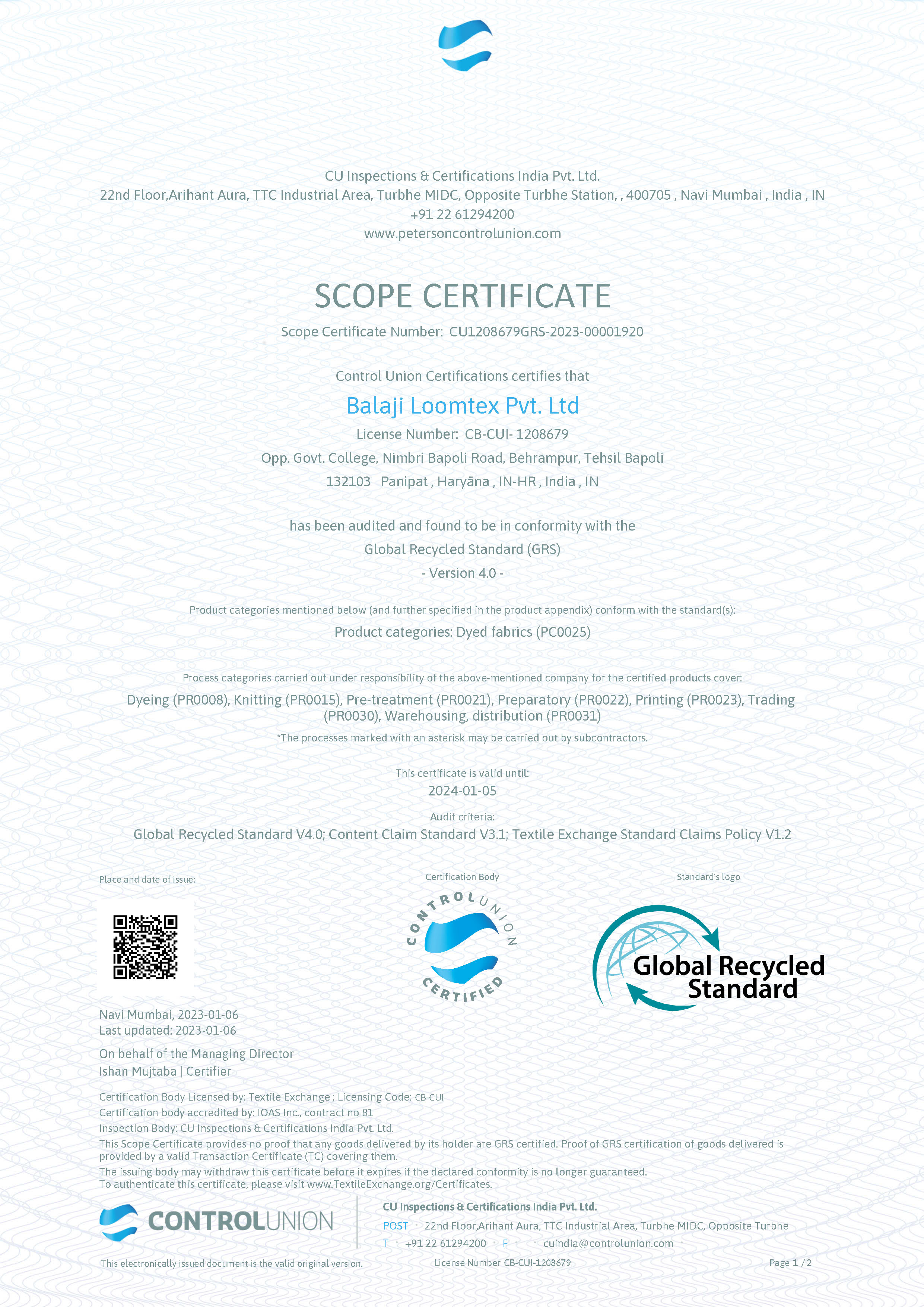 GRS Scope Certificate